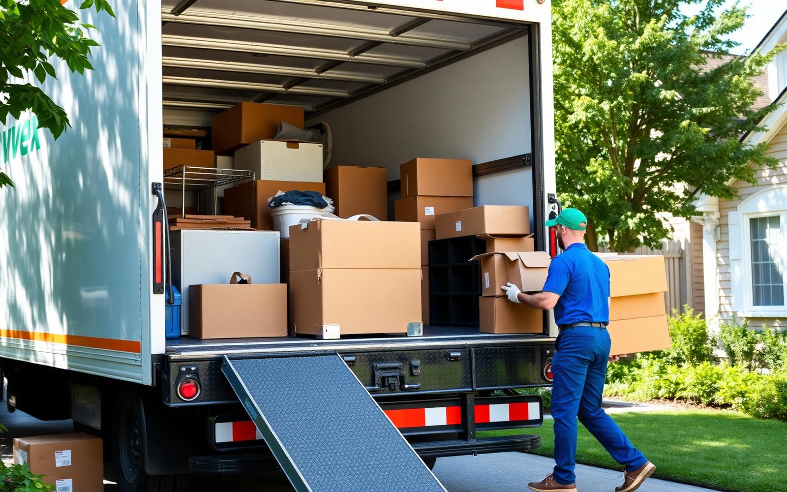 Apex Junk Removal team loading furniture and boxes into a truck outside a Toronto home